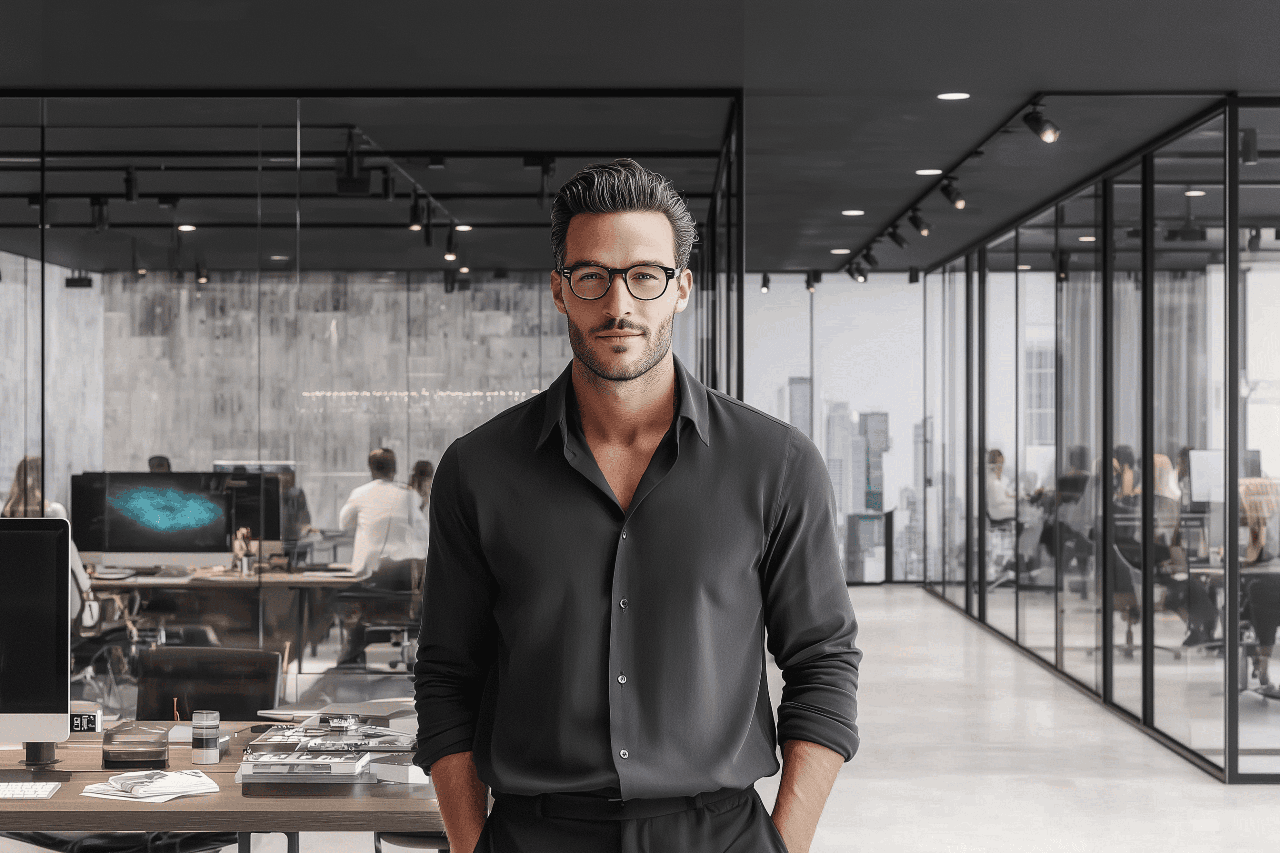 Male business owner wearing glasses standing in a modern office with glass walls and city view