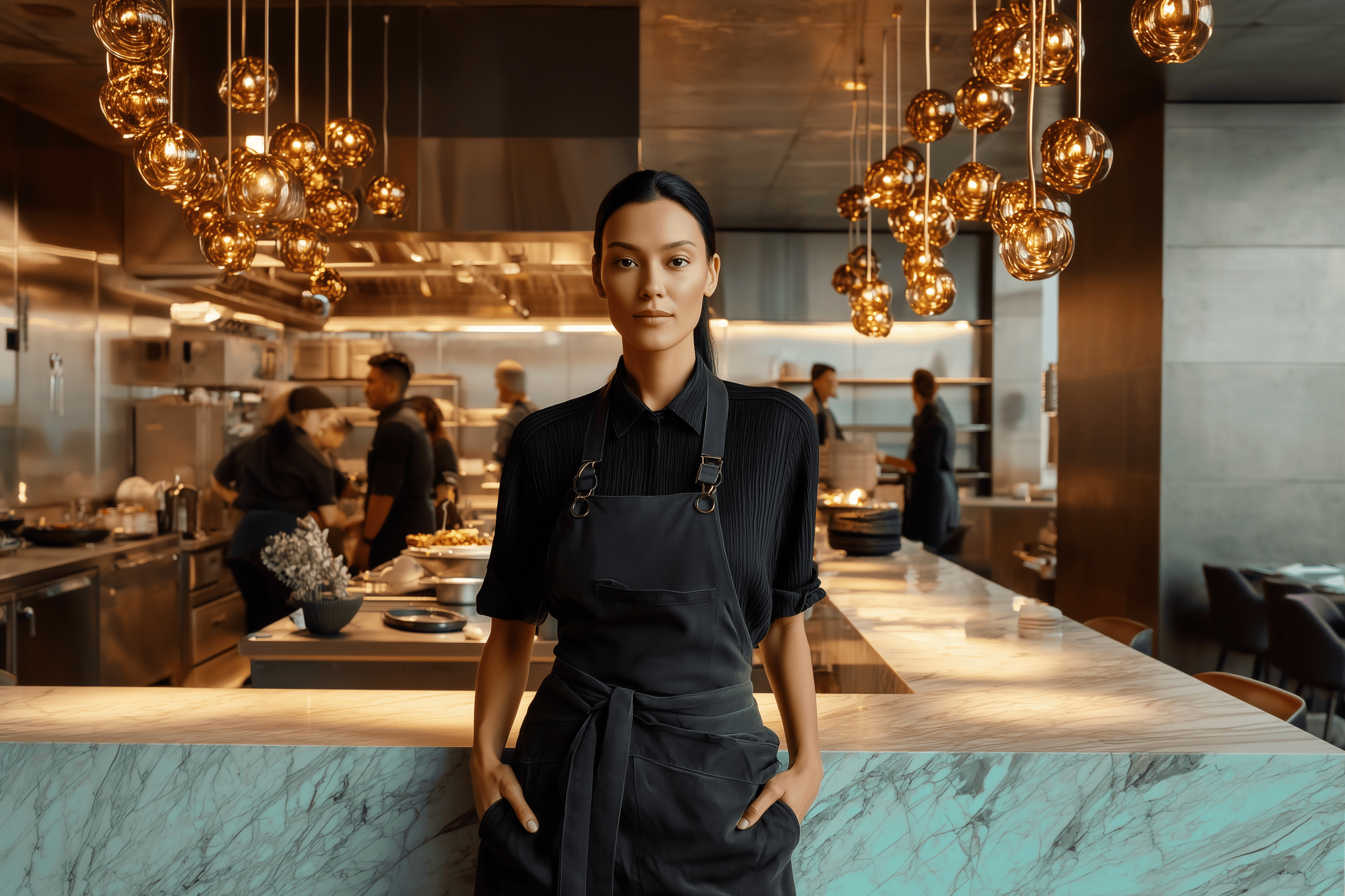 Female business owner standing near her modern restaurant kitchen