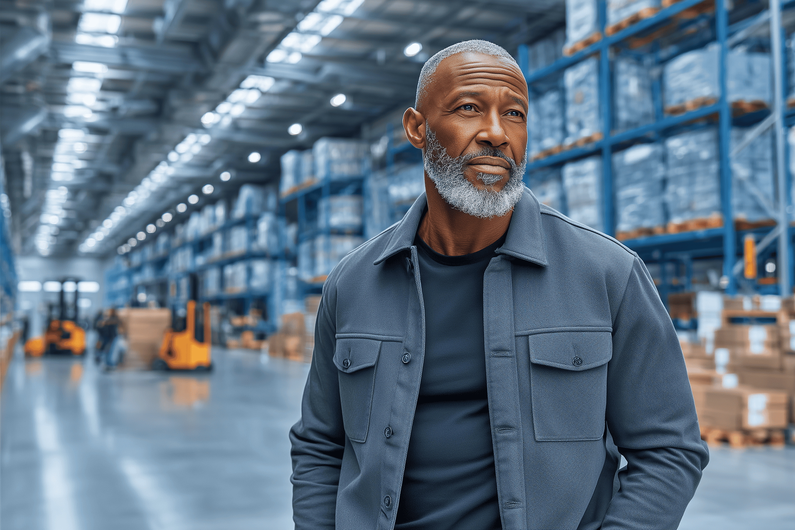 Male business owner standing in a large warehouse with shelves of boxes and forklifts in the background.