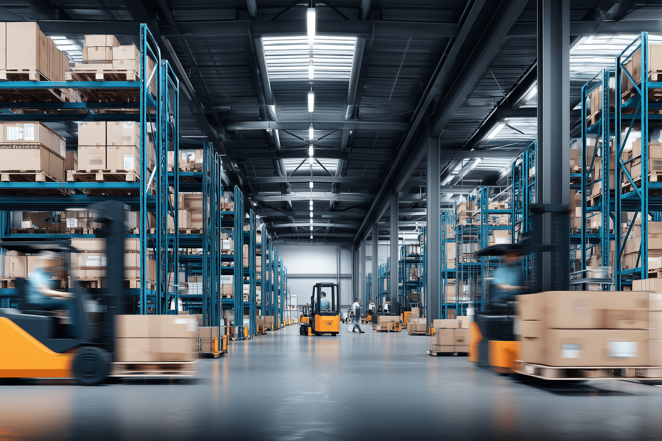 Warehouse with forklifts moving boxes on shelves for logistics and storage