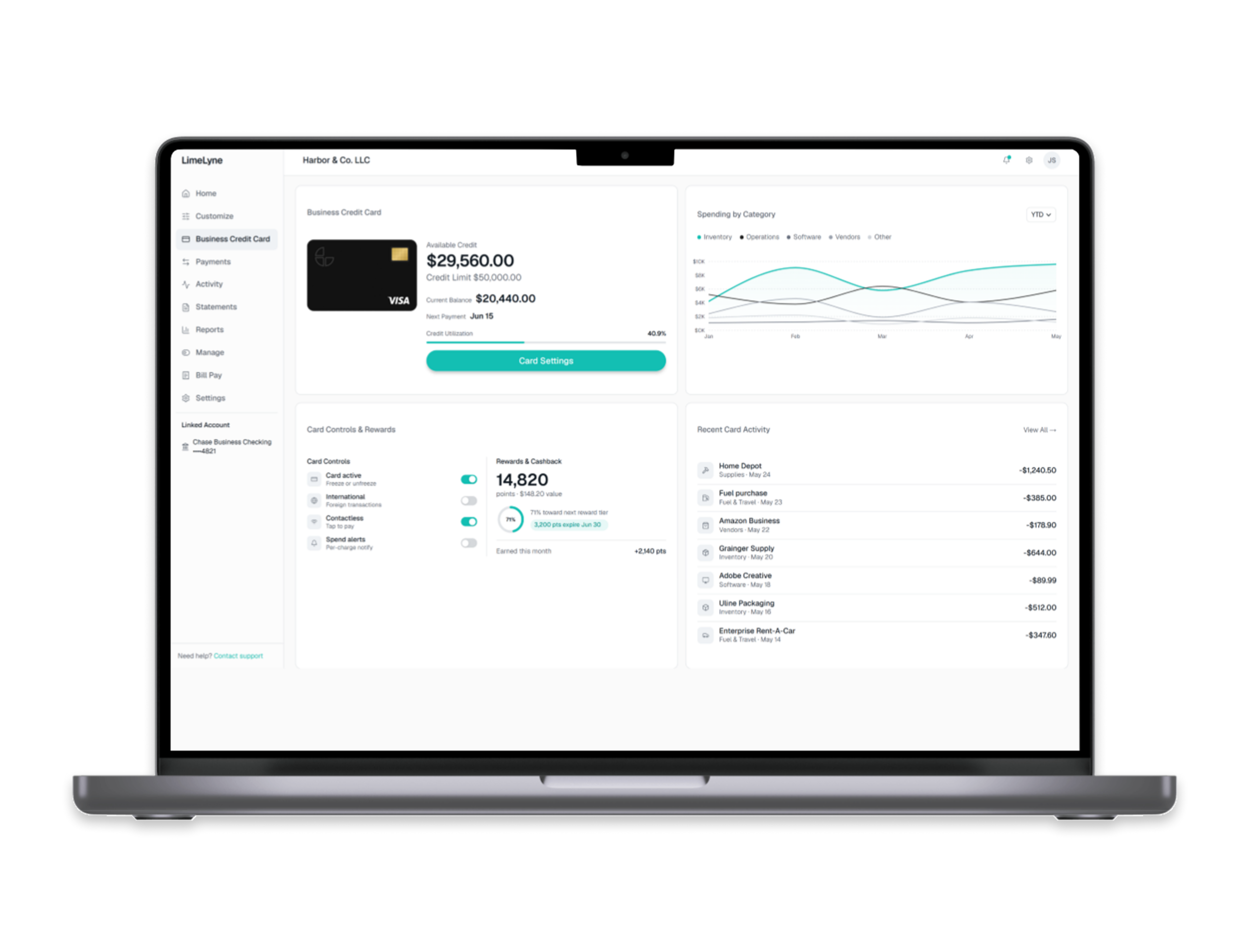 Laptop displaying a LimeLyne business credit card dashboard with financial data and analytics