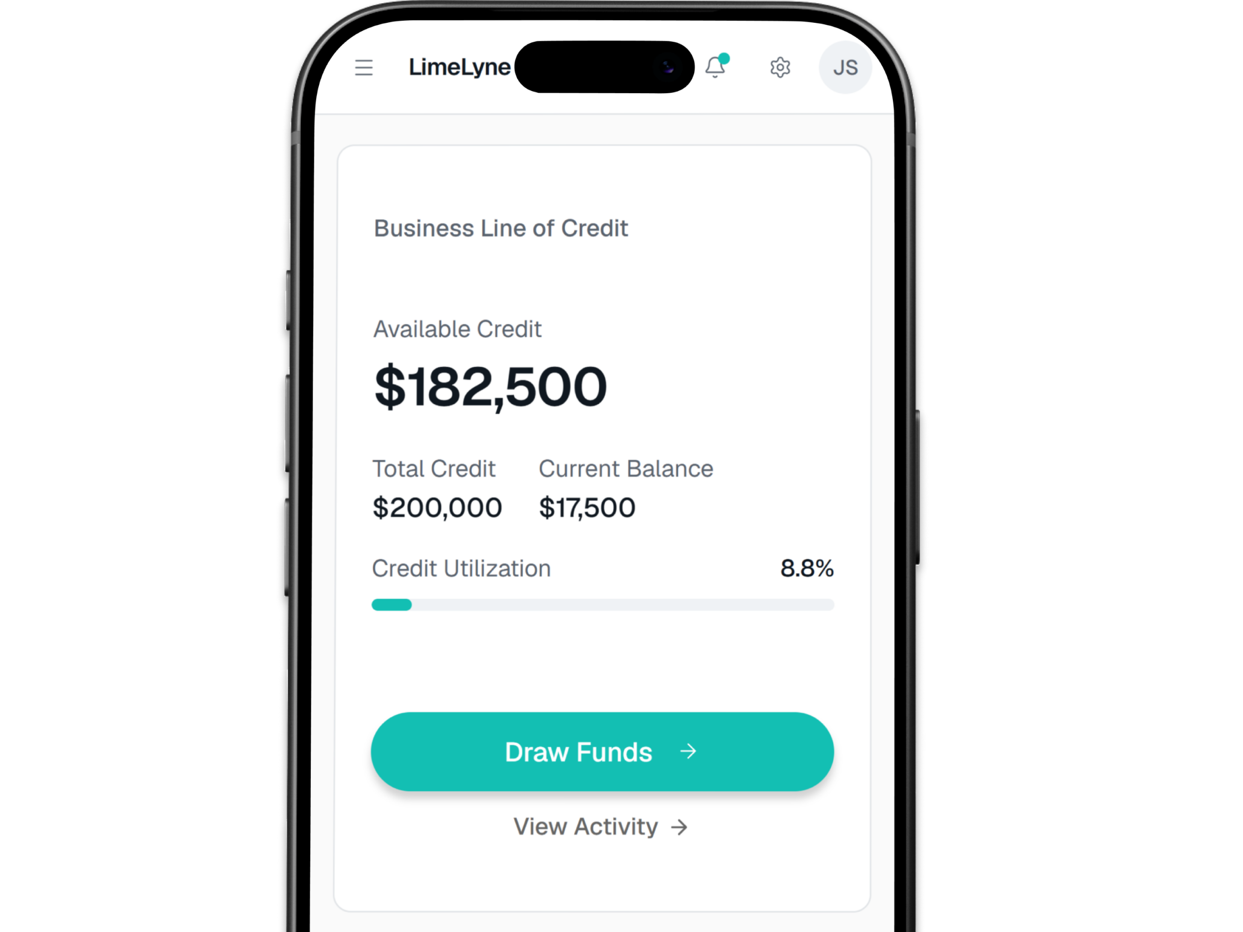 LimeLyne mobile business line of credit dashboard showing available credit and draw funds button