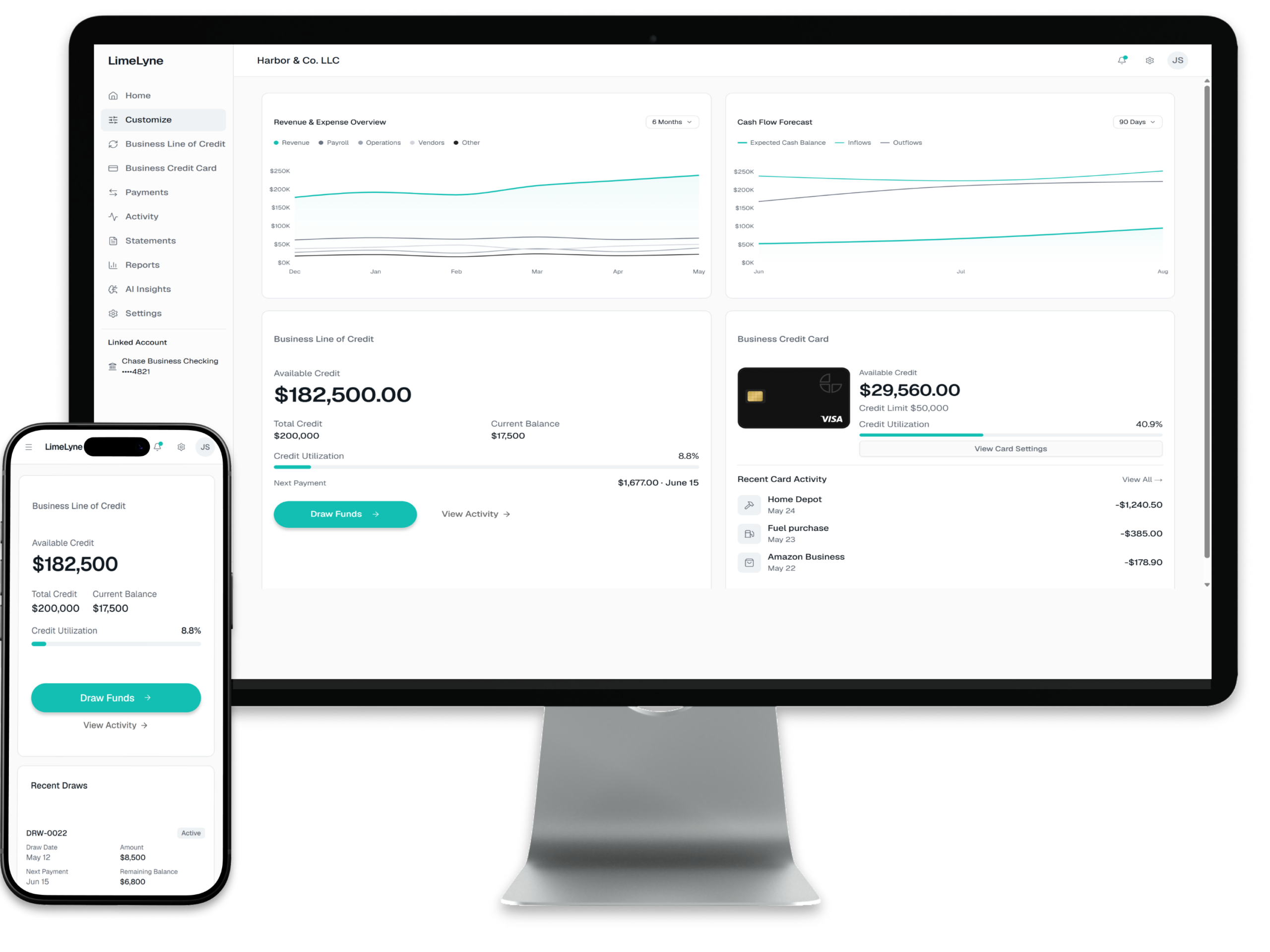 LimeLyne fintech desktop dashboard and mobile business line of credit dashboard