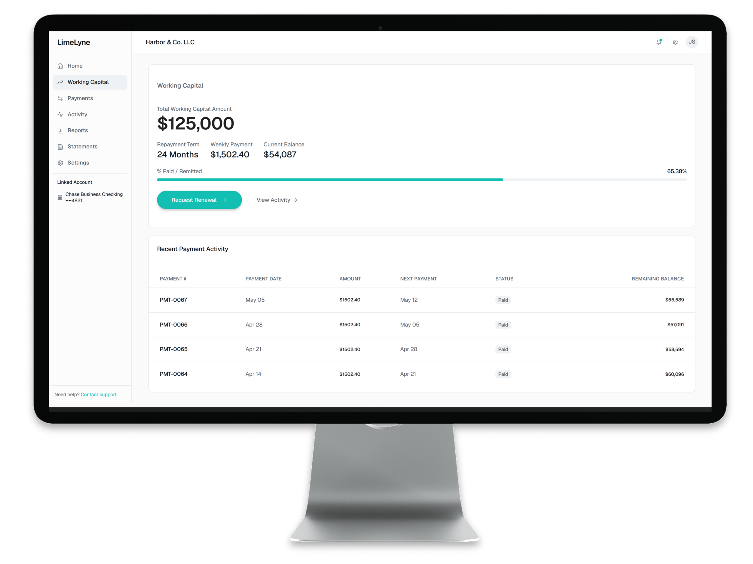 LimeLyne working capital desktop dashboard showing account information and payment activity