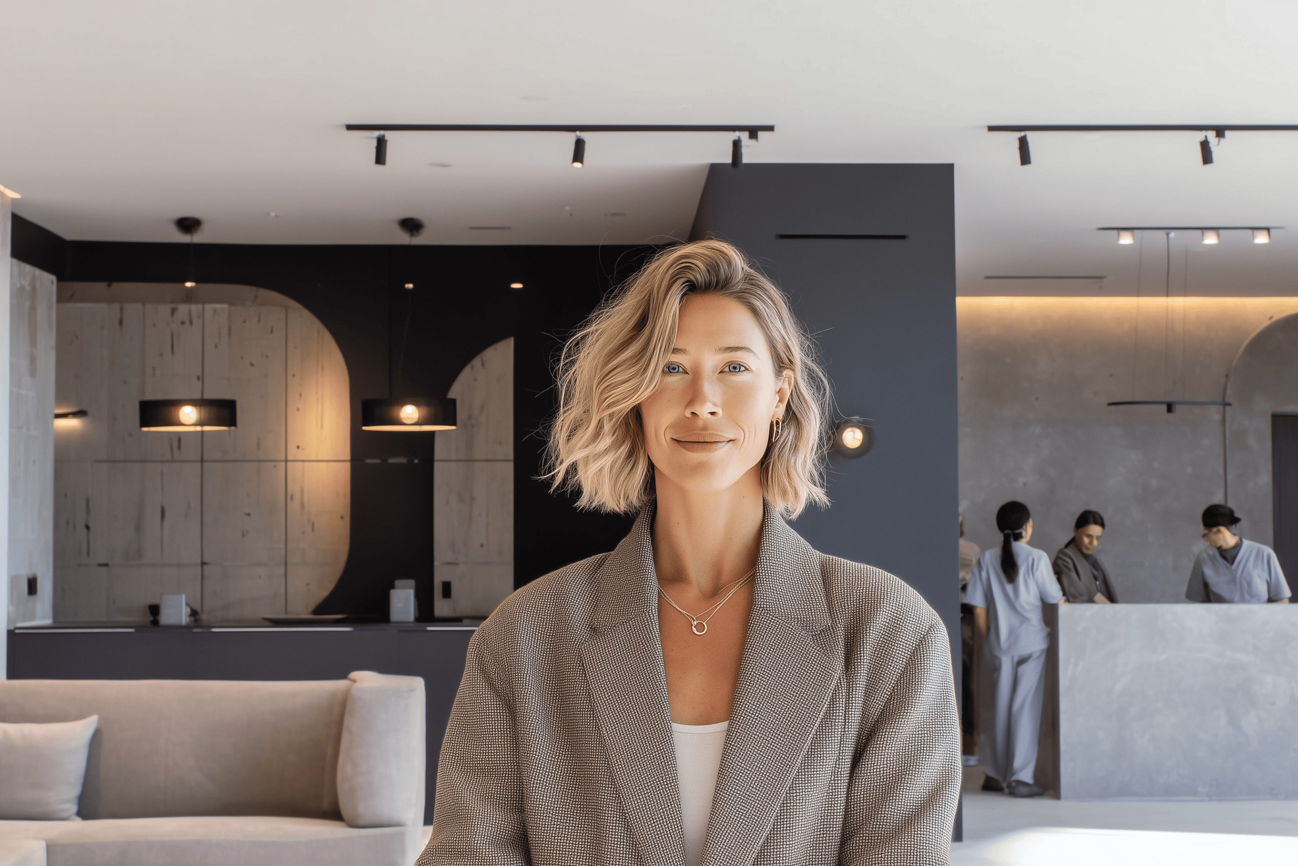 Female business owner of a modern medical practice standing in front of the reception area
