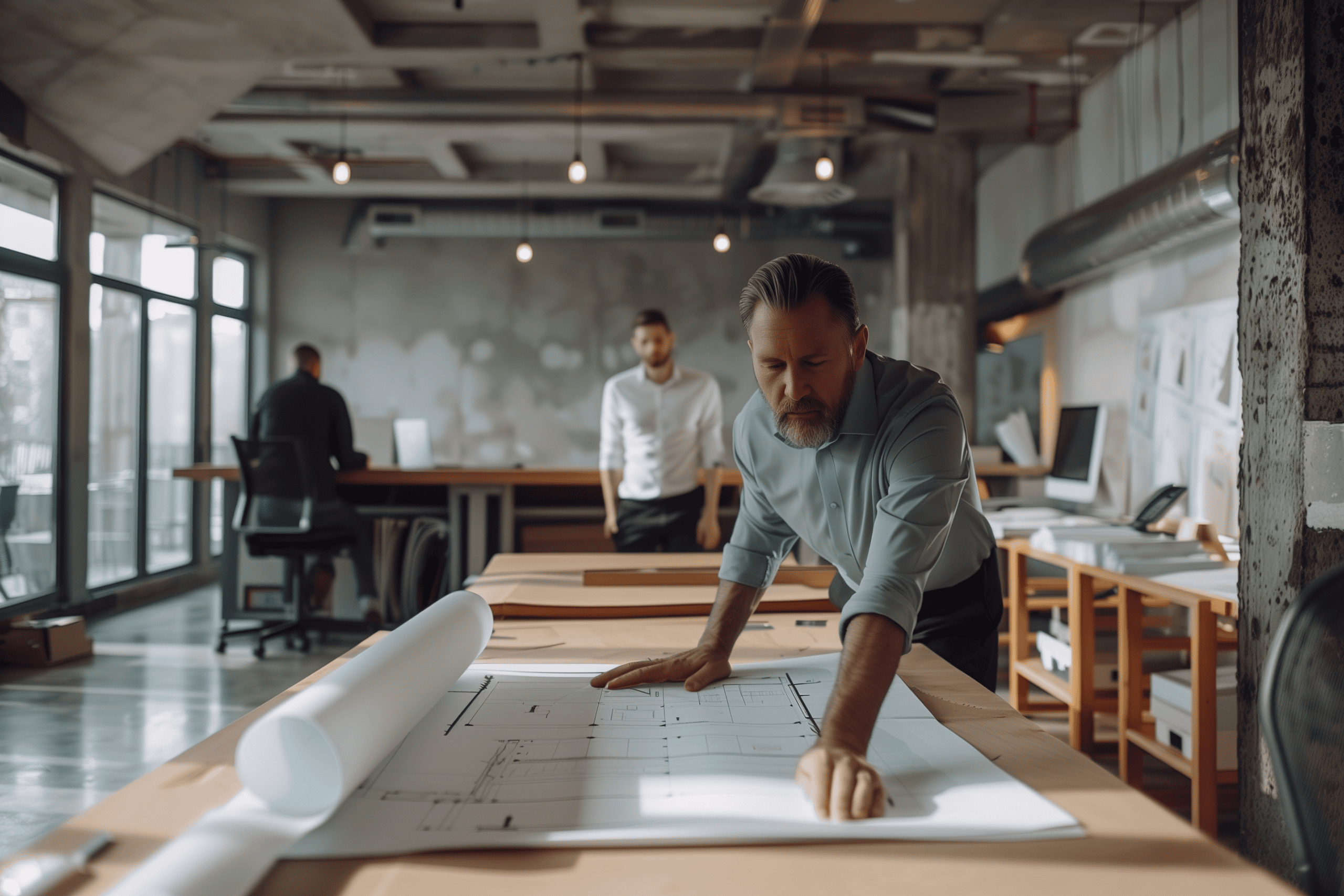 Male architecture firm business owner reviewing architectural plans in a modern office space