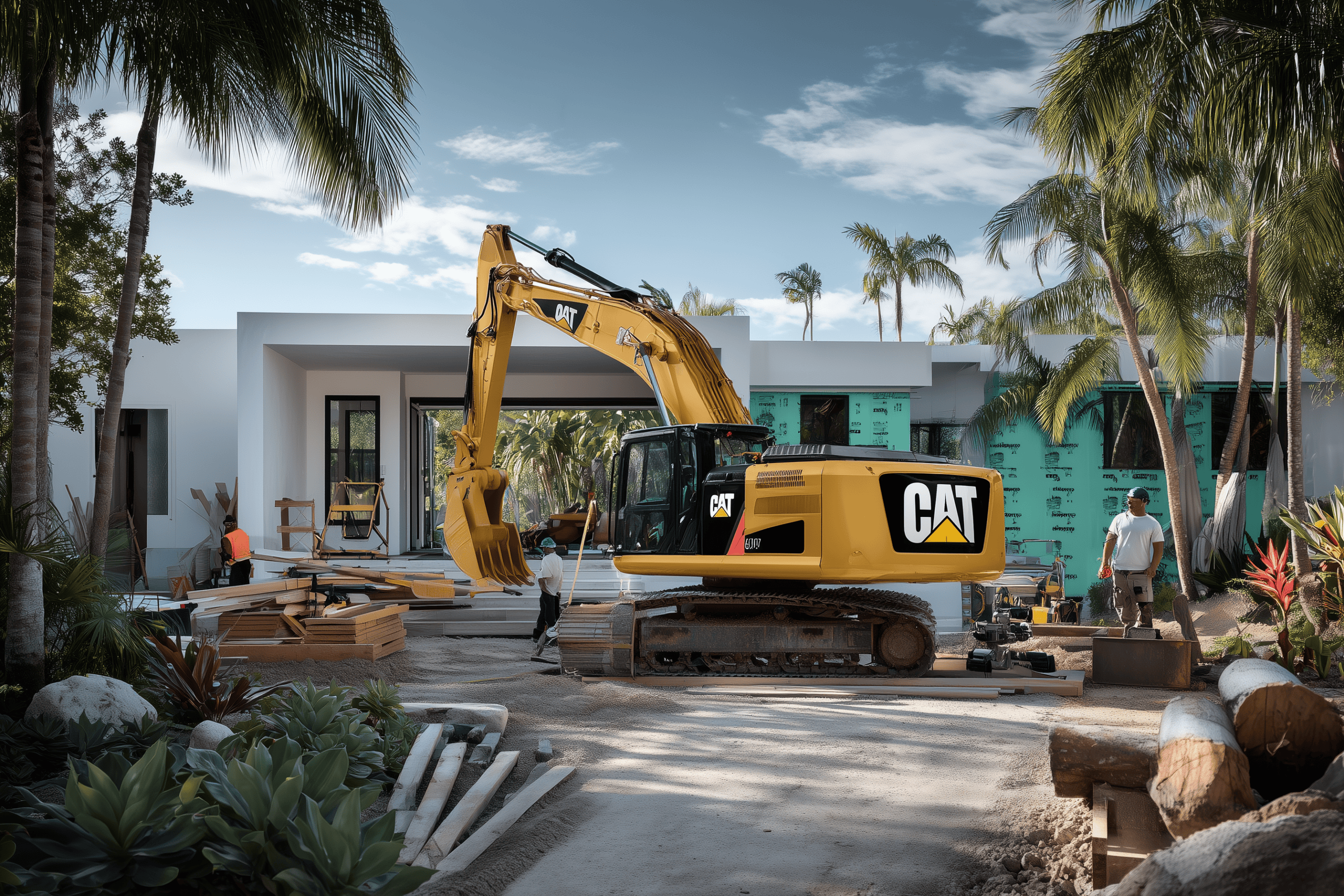 Construction site with a yellow Caterpillar excavator building a modern house in a tropical setting