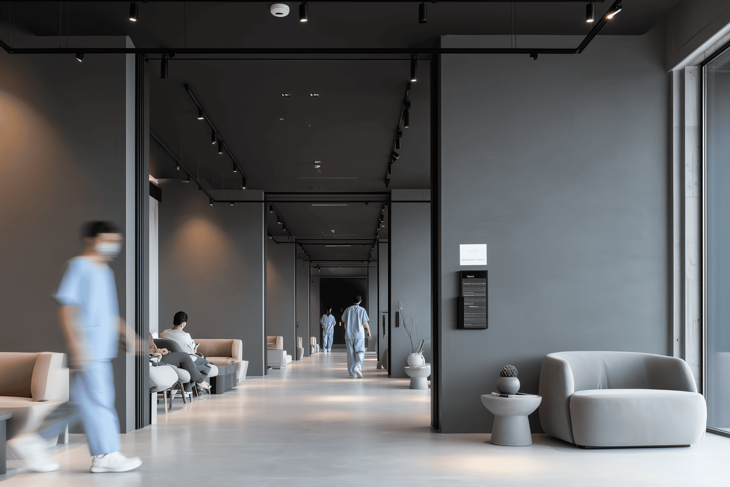 Modern medical practice waiting area with seating and large windows.