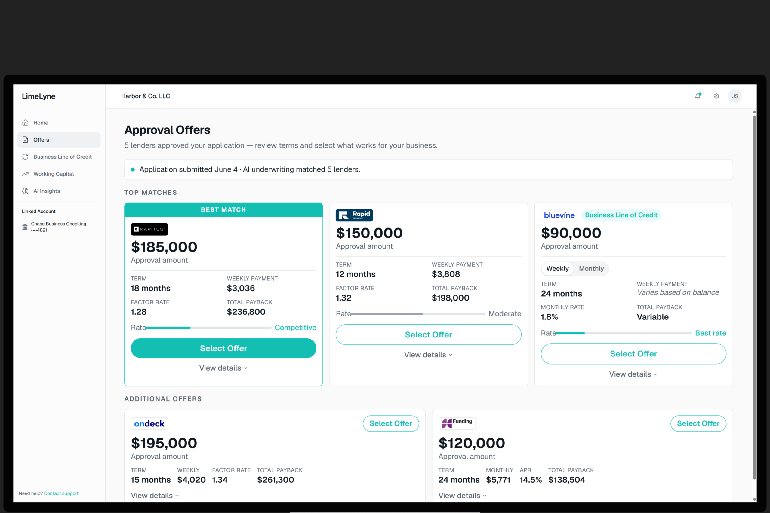 LimeLyne dashboard showing approved business line of credit and working capital offers from several lenders